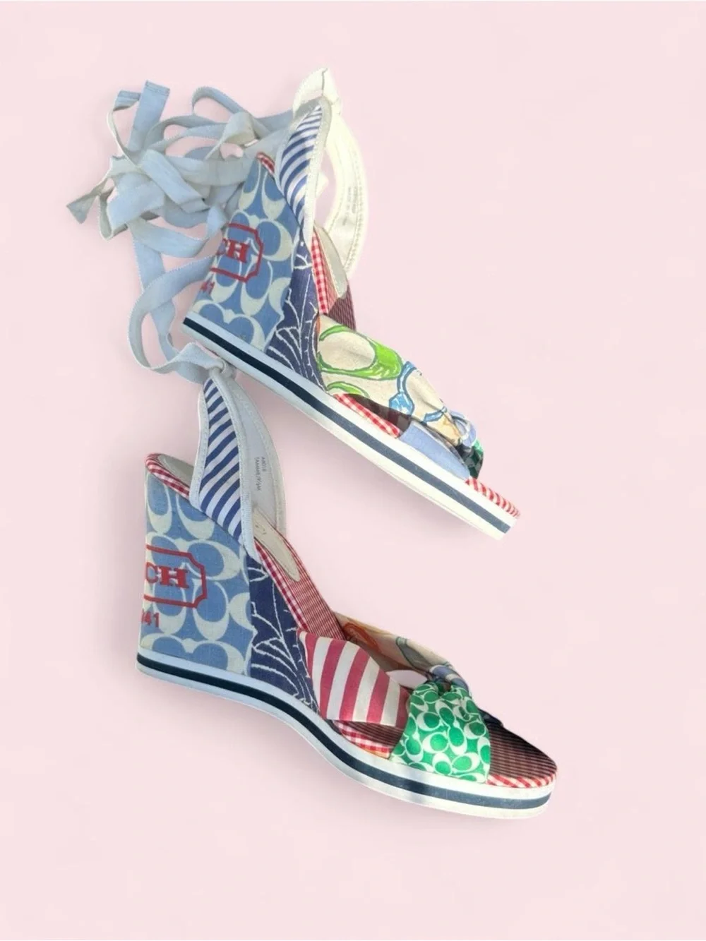 Coach Red Gingham & Multicolor Scarf-Knot Tie-Wrap Wedge Sandals